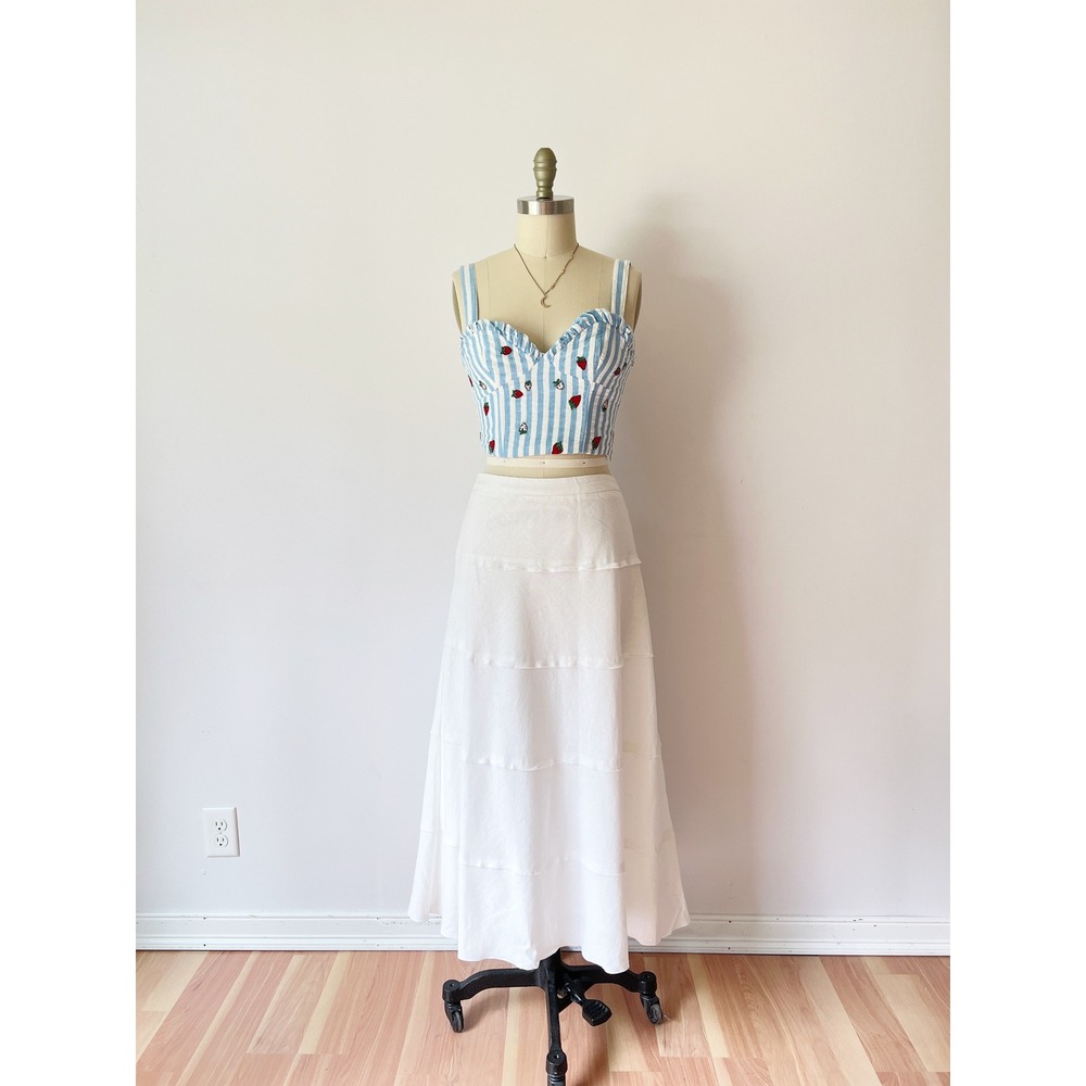 Maeve Anthropologie Bustier Top Blue White Striped Strawberry Embroidered 2 - Picture 2 of 9